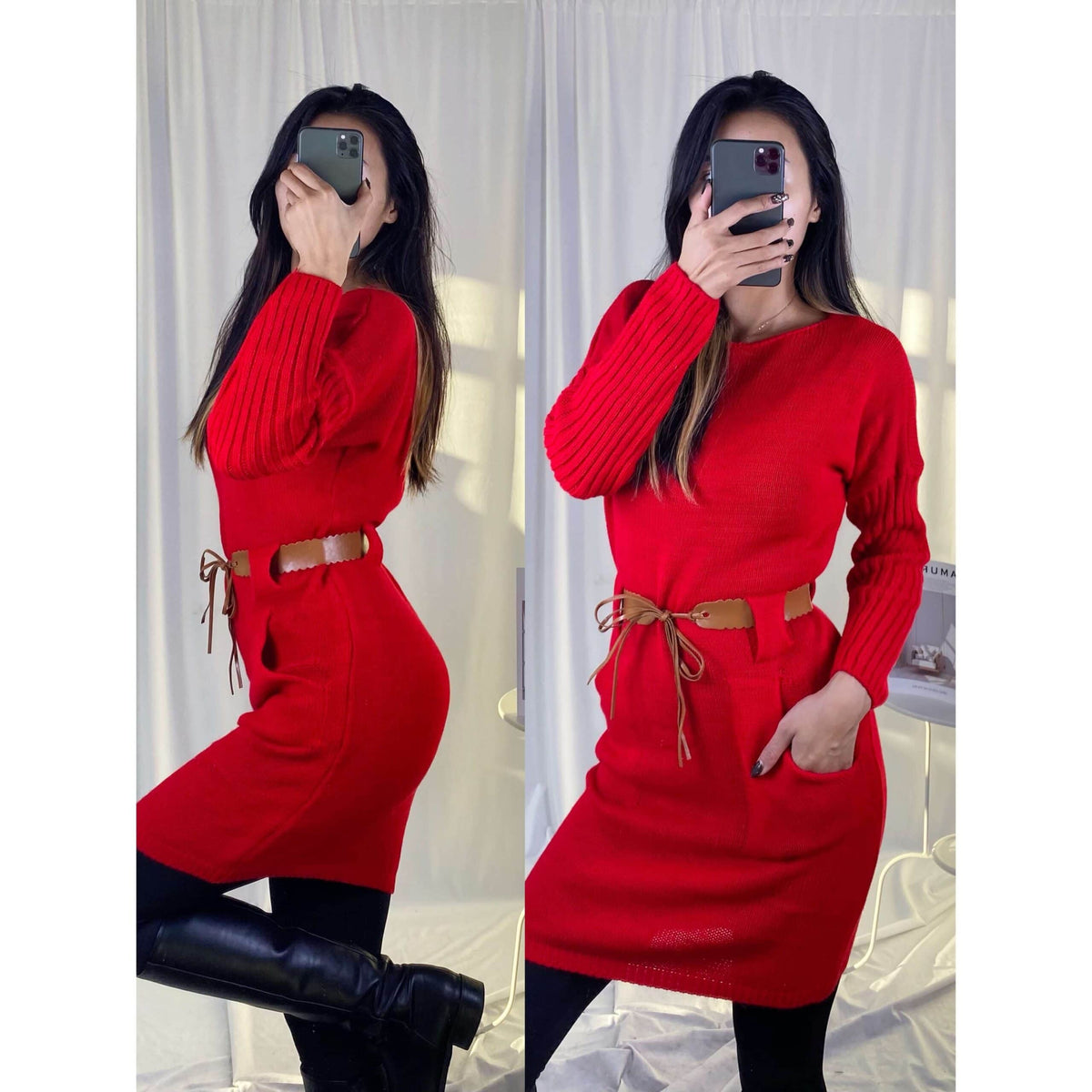 Rochie tricotata cu maneci lungi accesorizata cu curea in talie - P015 Top Closet
