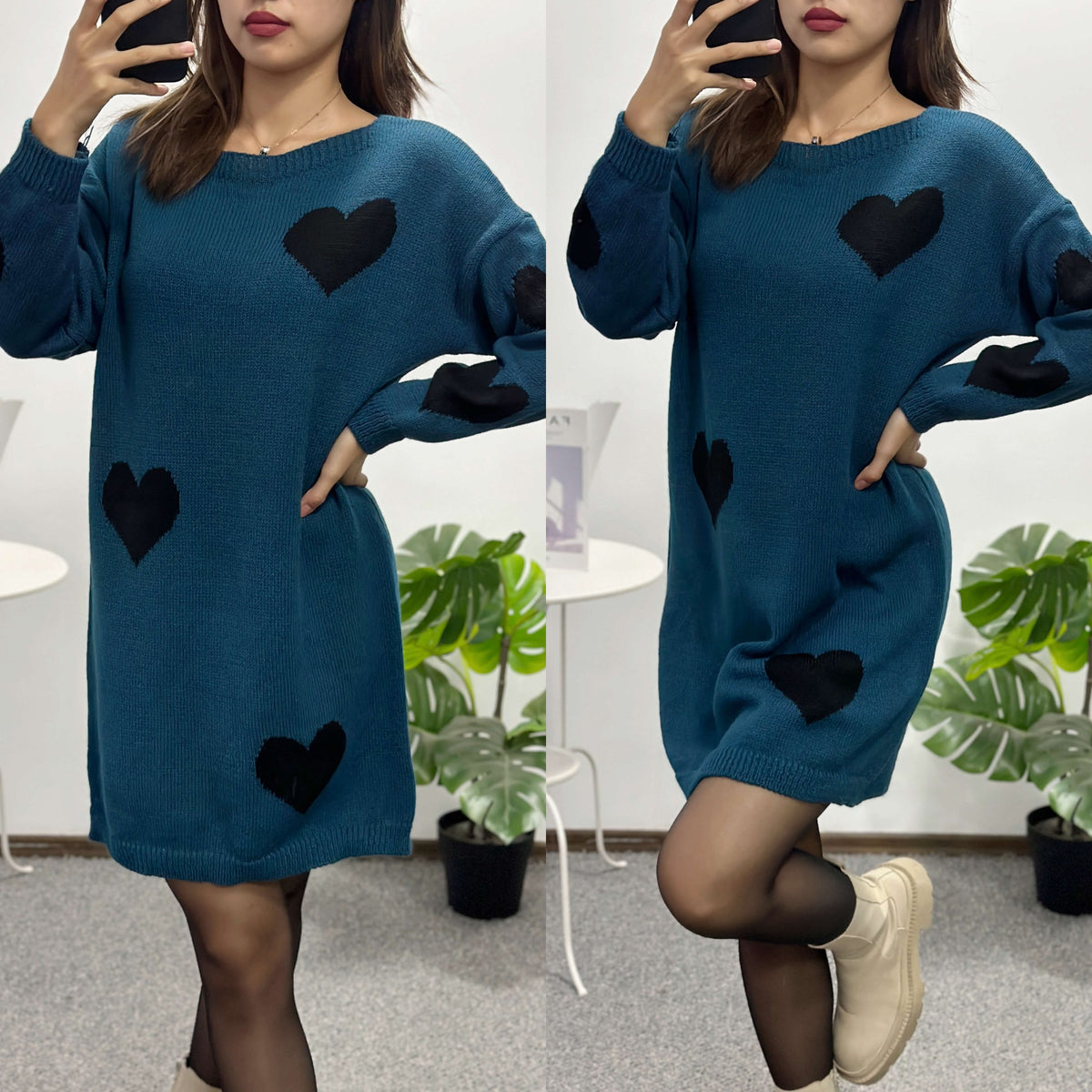 Pulover lung cu imprimeu inima - P011 Top Closet