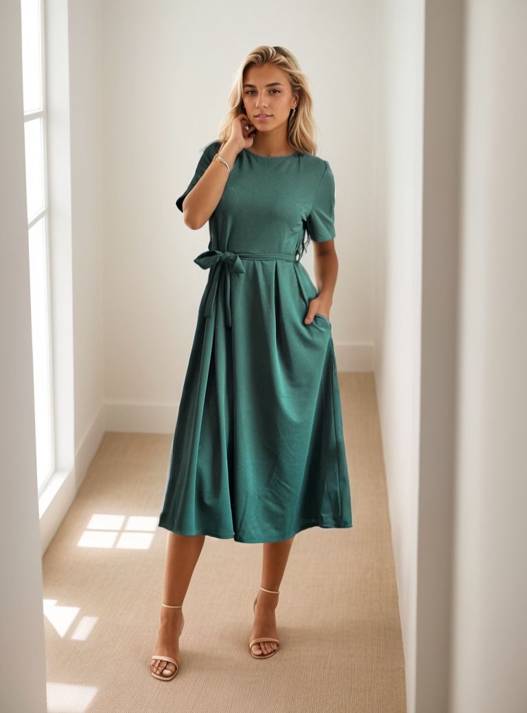 Rochie midi cu buzunare in clos cu cordon in talie - Daria Top Closet