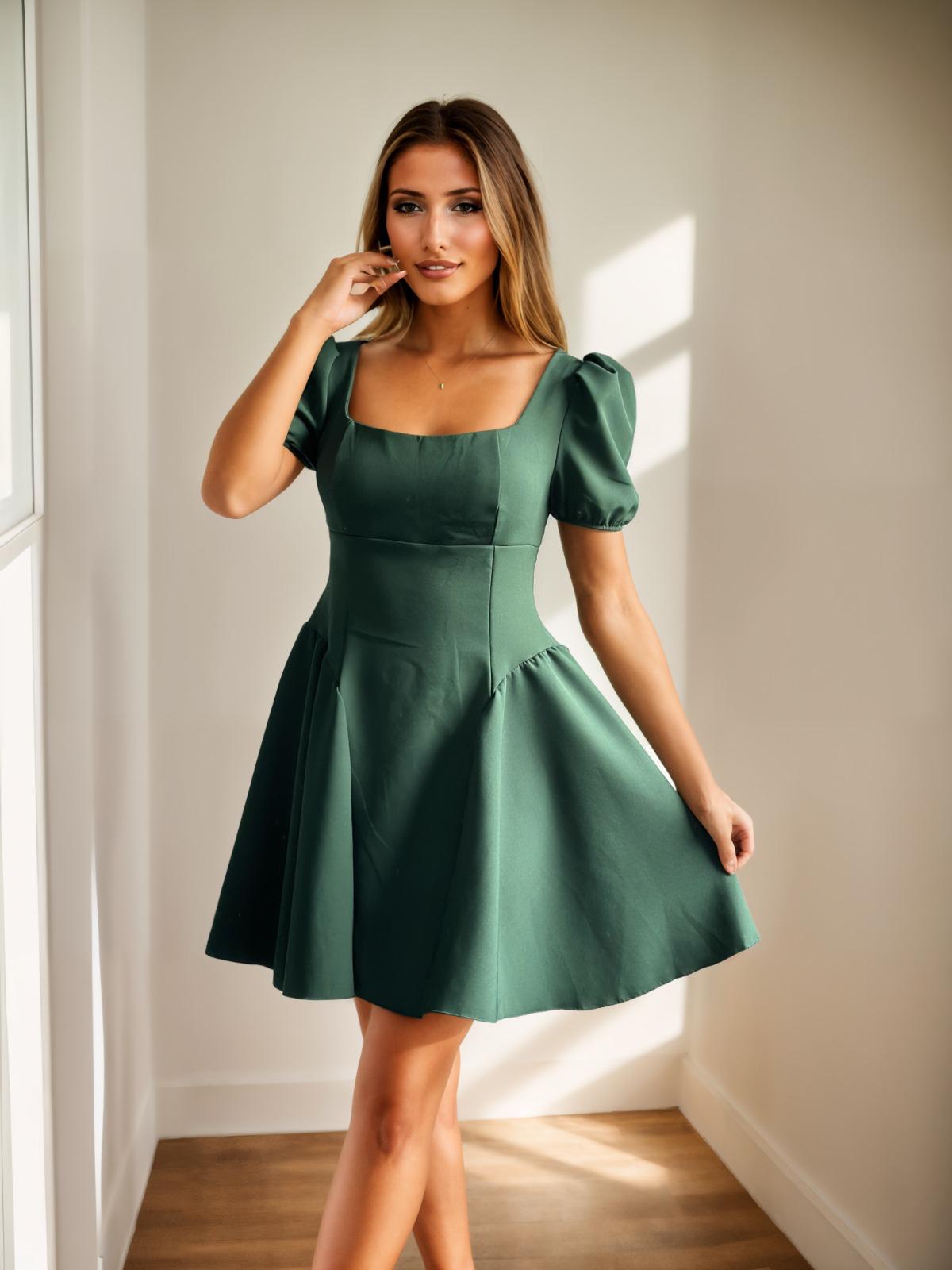 Rochie baby-doll midi in clos cu decolteu si maneci bufante - Sonia Top Closet