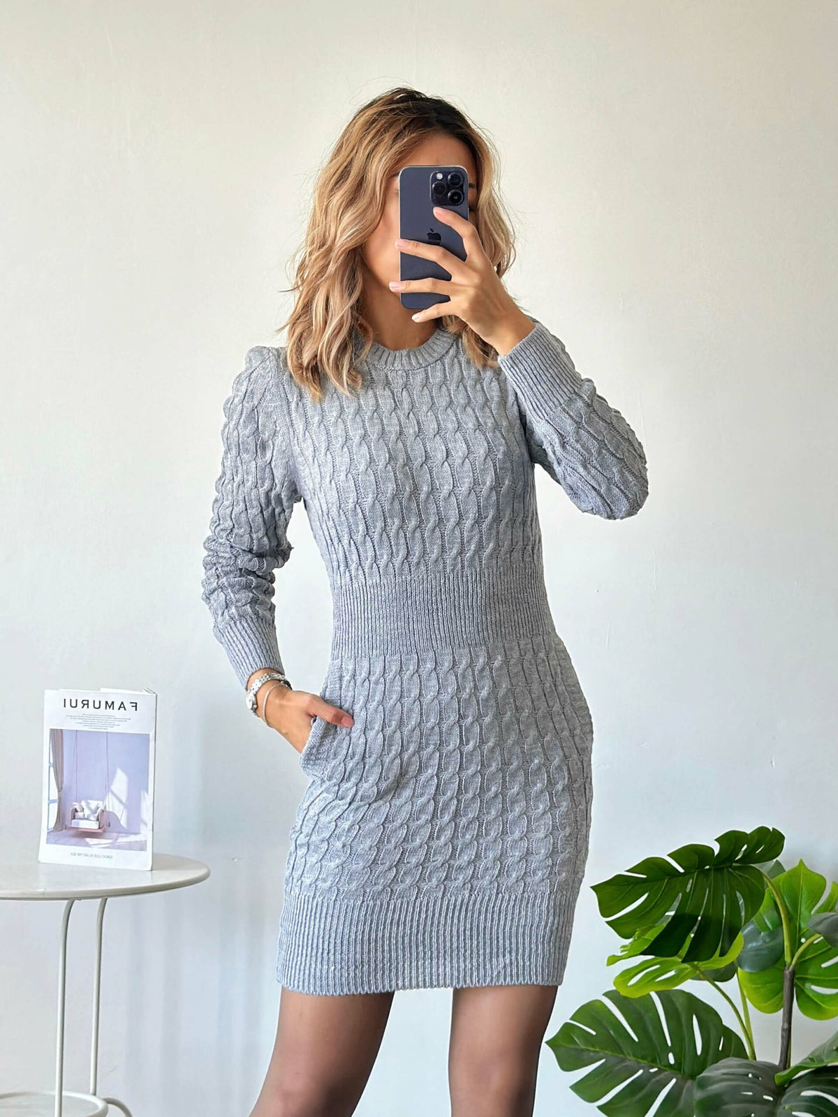 Rochie casual cu banda elastica in talie tip maleta - 7000 - Gri
