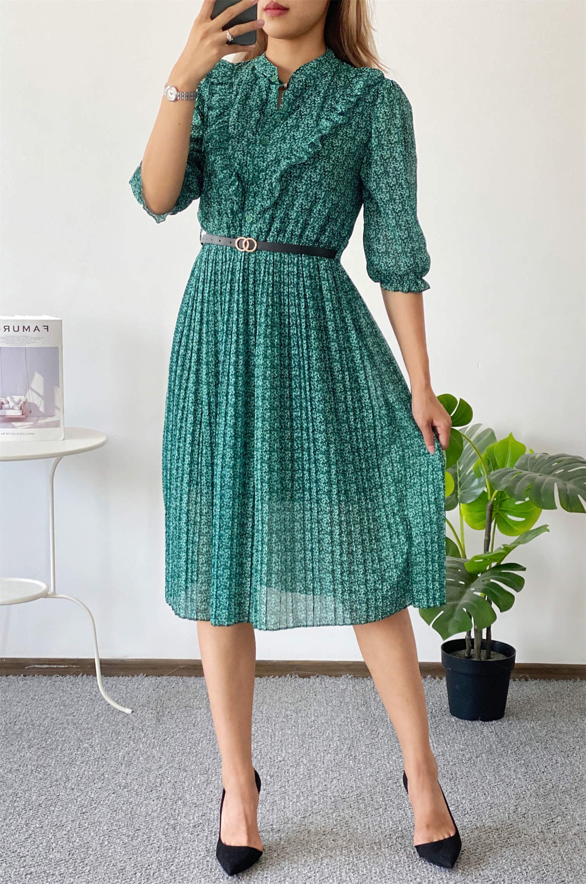 Rochie din voal plisat midi in clos cu elastic in talie - DF05 Top Closet