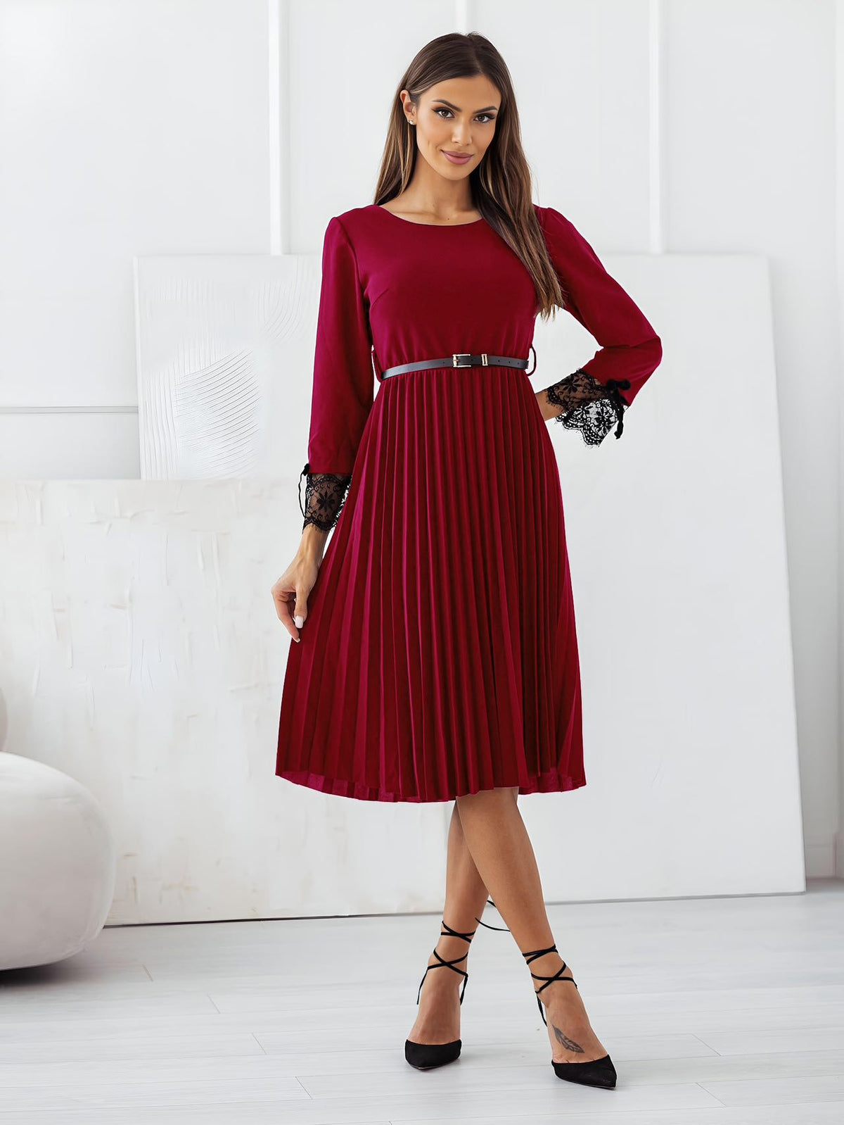 Rochie eleganta in clos plisata din stofa elastica subtire cu accesoriu tip curea - Adele