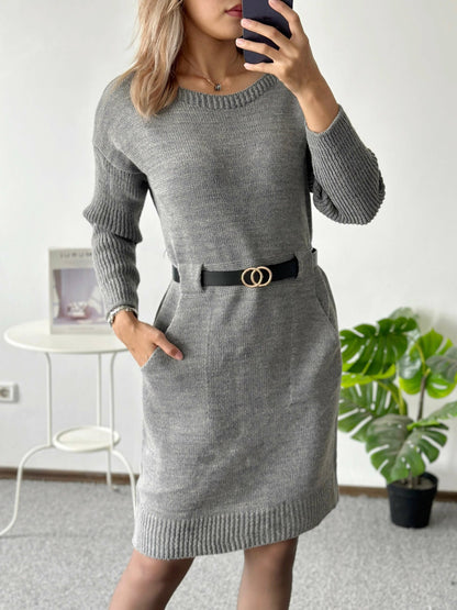 Rochie cu buzunare si curea in talie din material elastic tricotat - 8006