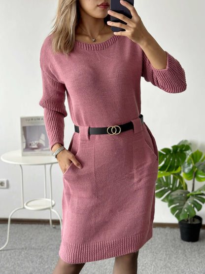 Rochie cu buzunare si curea in talie din material elastic tricotat - 8006