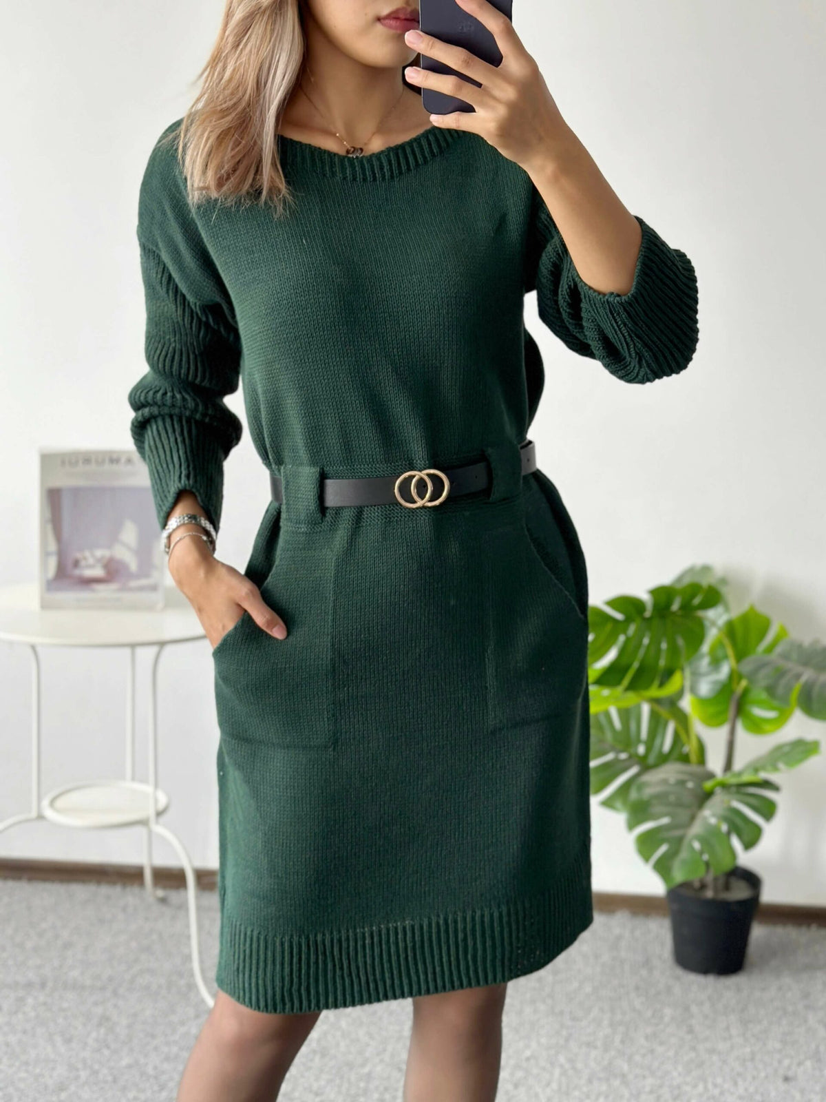 Rochie cu buzunare si curea in talie din material elastic tricotat - 8006