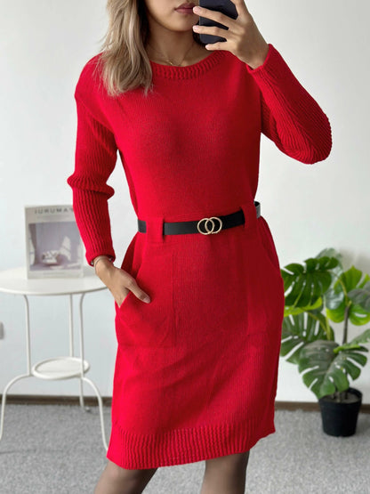 Rochie cu buzunare si curea in talie din material elastic tricotat - 8006