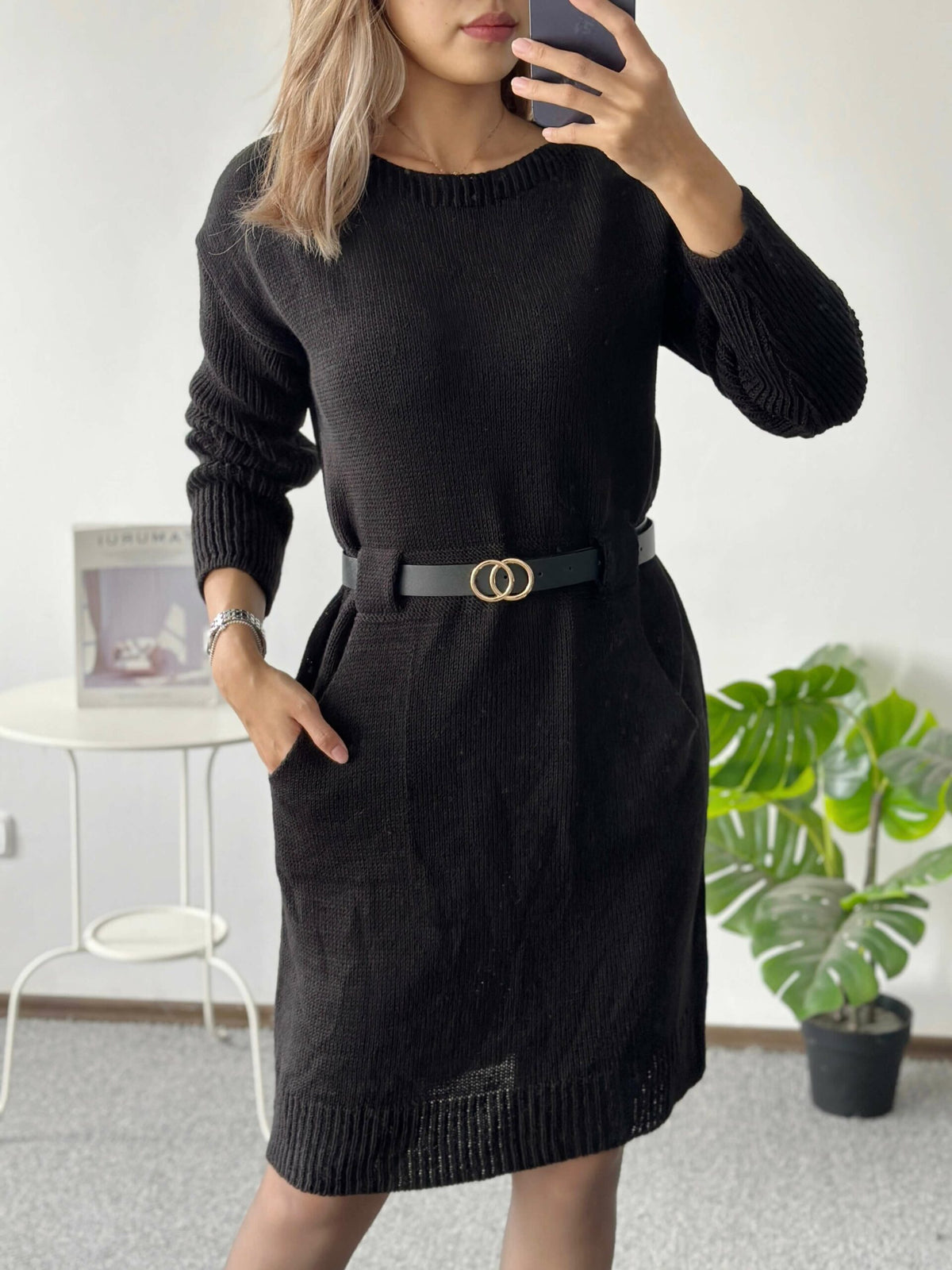 Rochie cu buzunare si curea in talie din material elastic tricotat - 8006