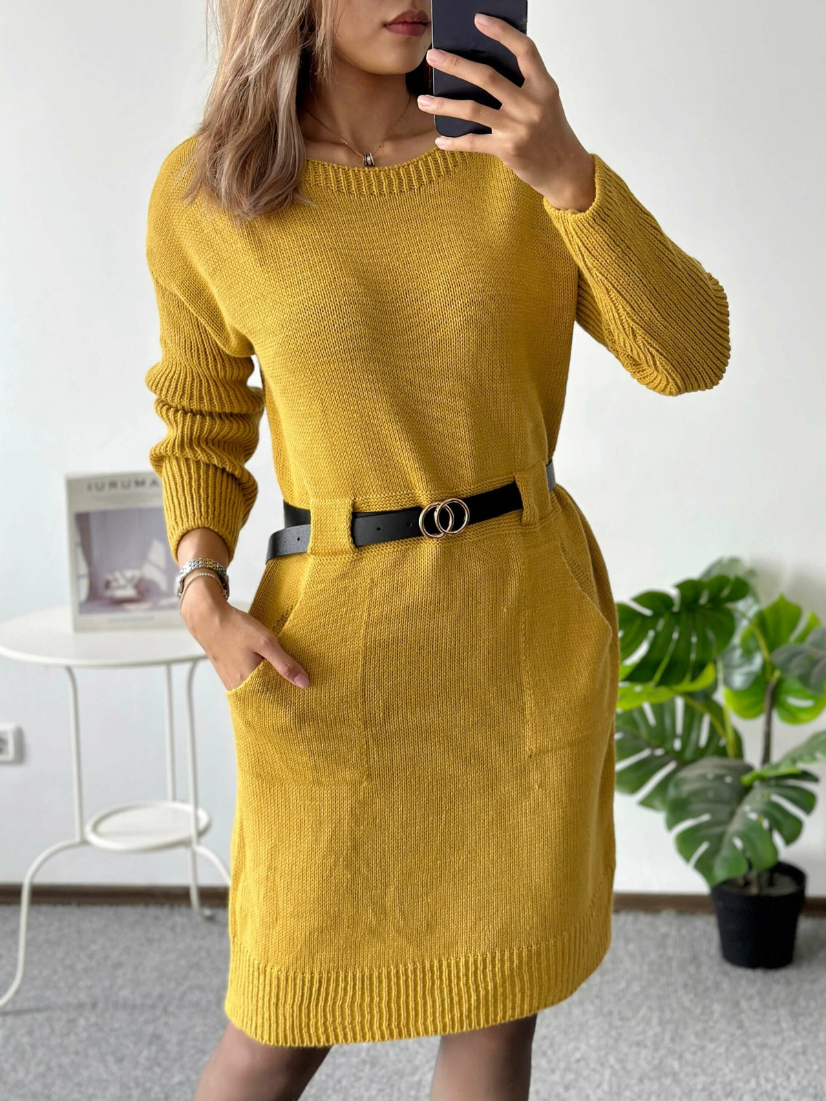 Rochie cu buzunare si curea in talie din material elastic tricotat - 8006