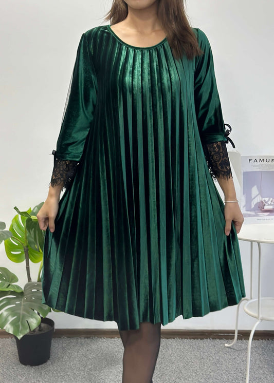 Rochie plisata de ocazie din catifea si dantela - Natalie-verde smarald
