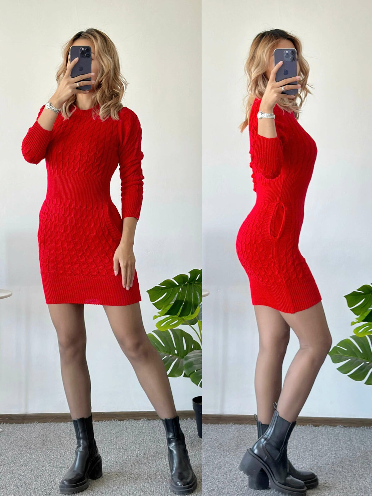 Rochie casual cu banda elastica in talie tip maleta - 7000 - Rosu